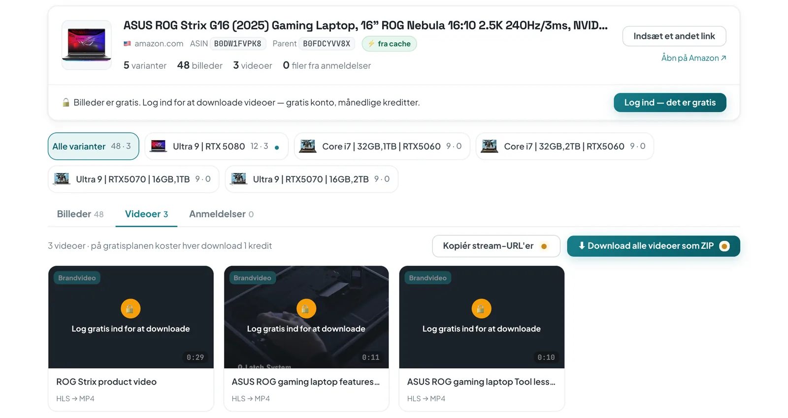 ASINCrates online-downloader viser en Amazon-side for en bærbar computer: 5 varianter, 48 billeder, 3 brandvideoer mærket HLS → MP4 og knappen »Download alle videoer som ZIP«