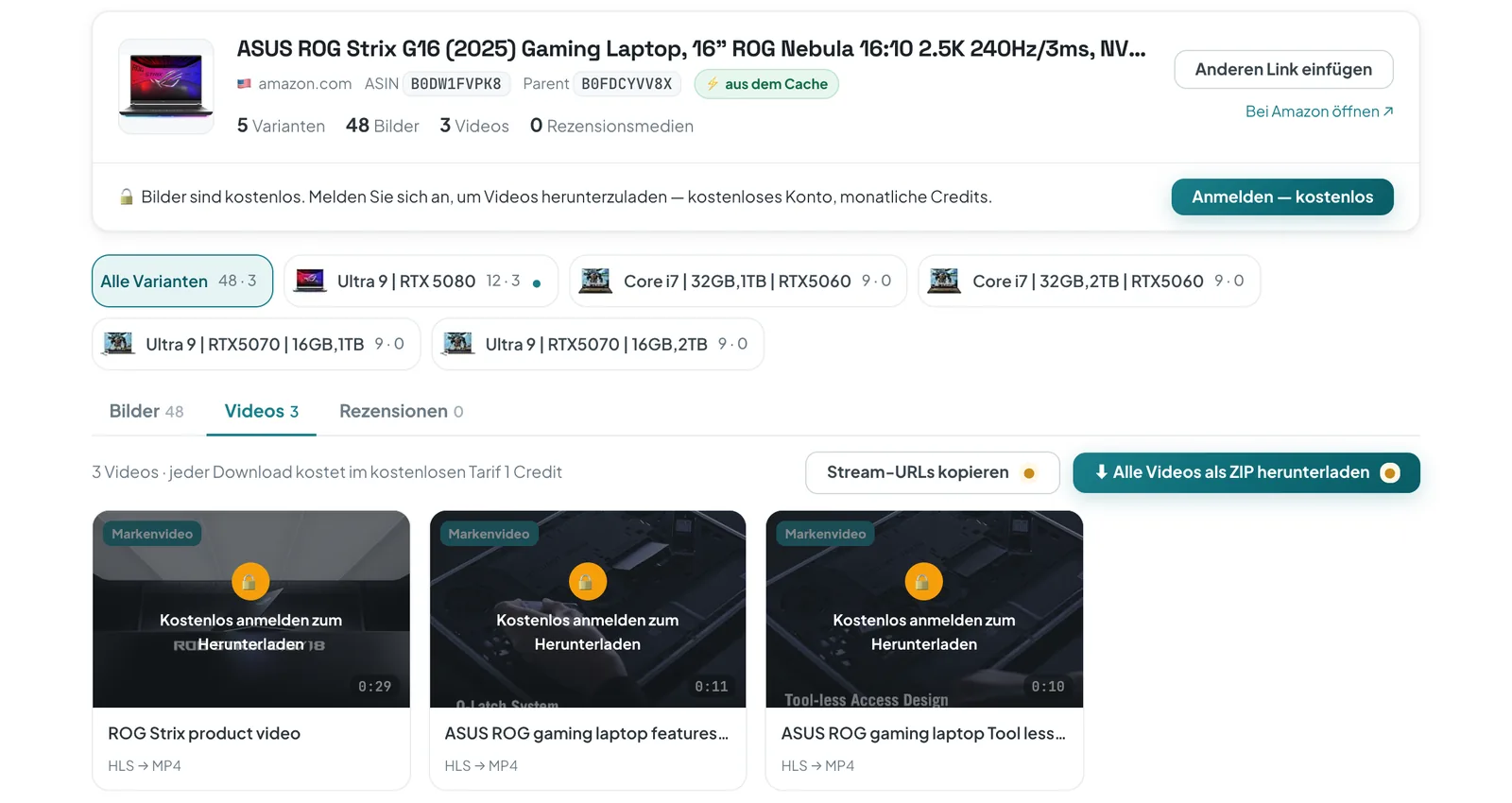 ASINCrate Online-Downloader mit einem Amazon-Laptop-Angebot: 5 Varianten, 48 Bilder, 3 Markenvideos mit der Angabe HLS → MP4 und dem Button „Alle Videos als ZIP herunterladen“