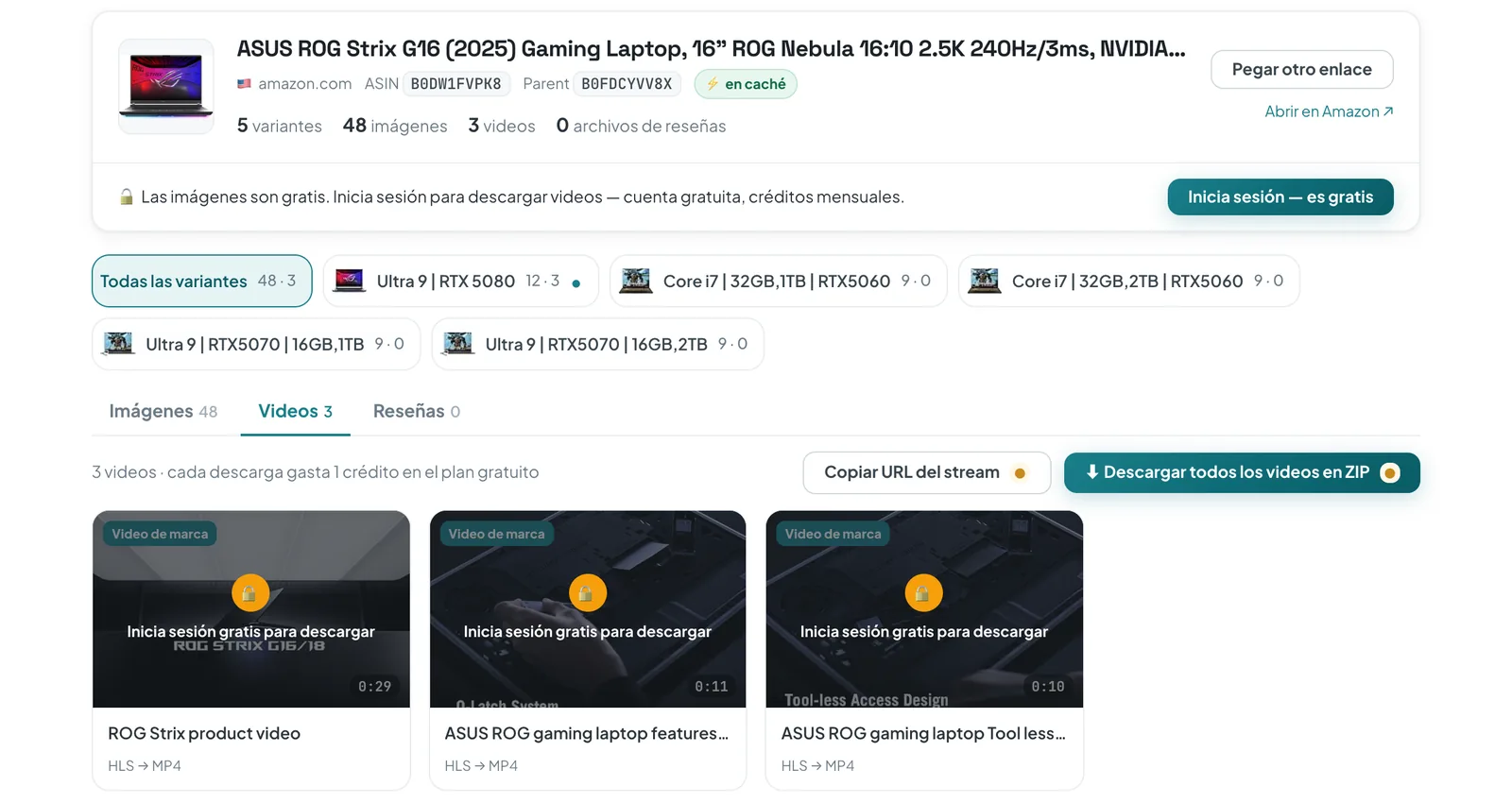 Descargador online de ASINCrate con la ficha de una laptop de Amazon: 5 variantes, 48 imágenes, 3 videos de marca con la etiqueta “HLS → MP4” y el botón “Descargar todos los videos en ZIP”