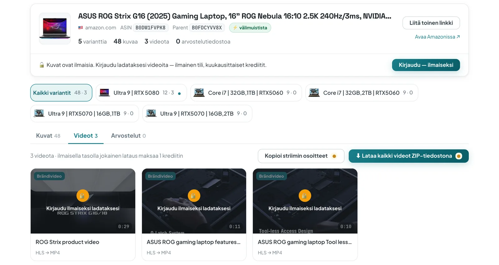 ASINCrate-verkkolataaja näyttää Amazonin kannettavan tietokoneen tuotesivun: 5 varianttia, 48 kuvaa, 3 brändivideota merkinnällä HLS → MP4 sekä painike ”Lataa kaikki videot ZIP-tiedostona”