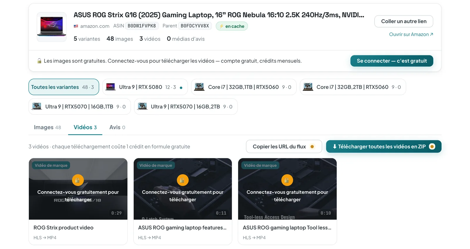 Téléchargeur en ligne ASINCrate affichant la fiche Amazon d'un ordinateur portable : 5 variantes, 48 images, 3 vidéos de marque marquées « HLS → MP4 » et un bouton « Télécharger toutes les vidéos en ZIP »
