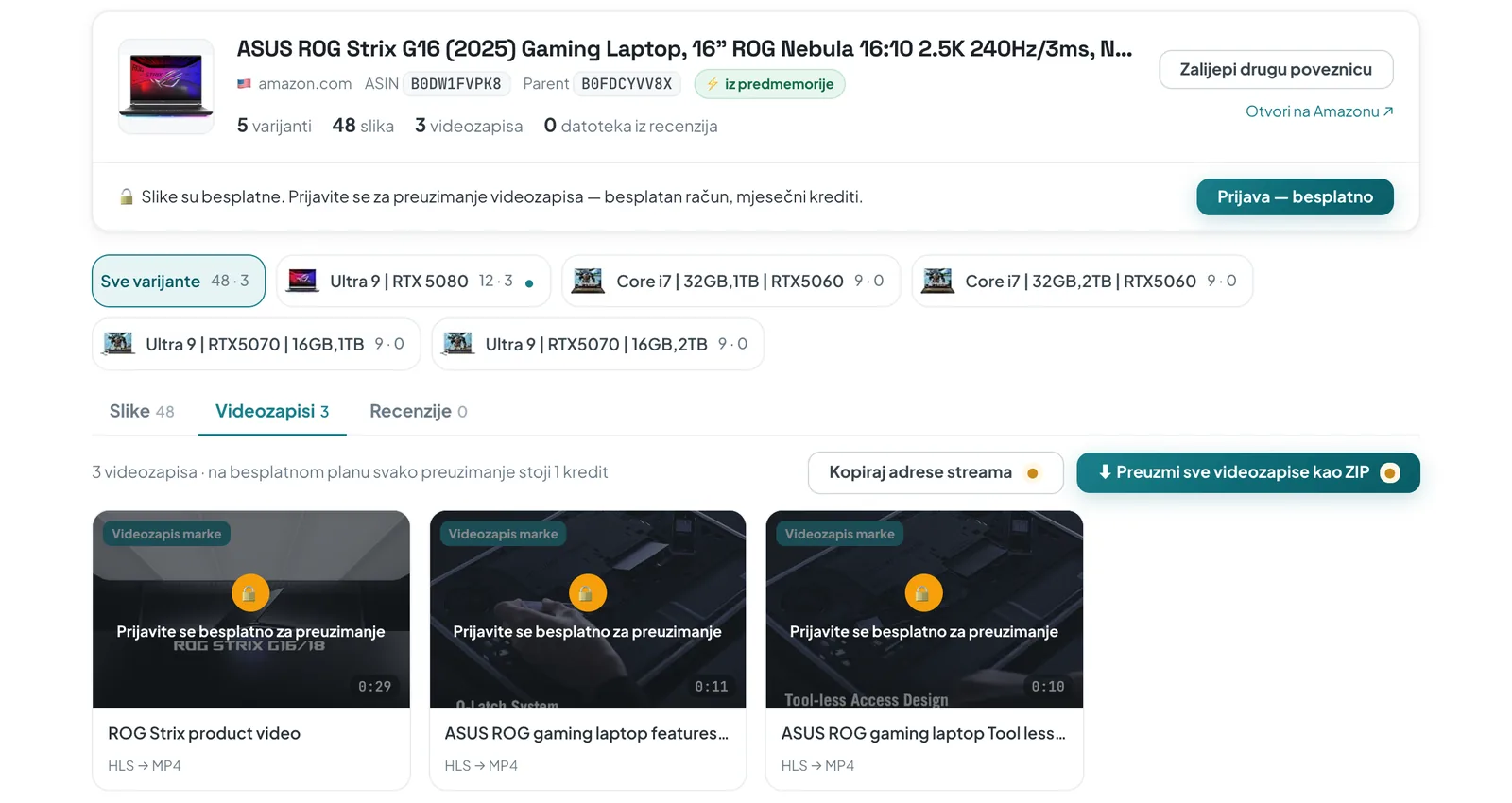 ASINCrate online alat prikazuje Amazonov oglas za prijenosno računalo: 5 varijanti, 48 slika, 3 videozapisa marke s oznakom HLS → MP4 i gumb „Preuzmi sve videozapise kao ZIP”