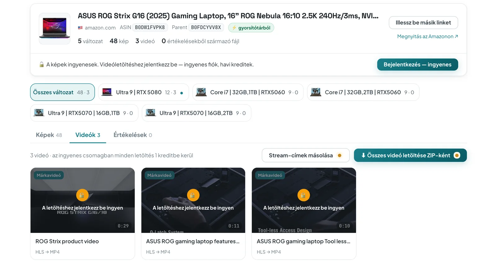 Az ASINCrate online letöltője egy Amazonon árult laptop termékoldalával: 5 változat, 48 kép, 3 HLS → MP4 jelölésű márkavideó „A letöltéshez jelentkezz be ingyen” felirattal, és egy „Összes videó letöltése ZIP-ként” gomb