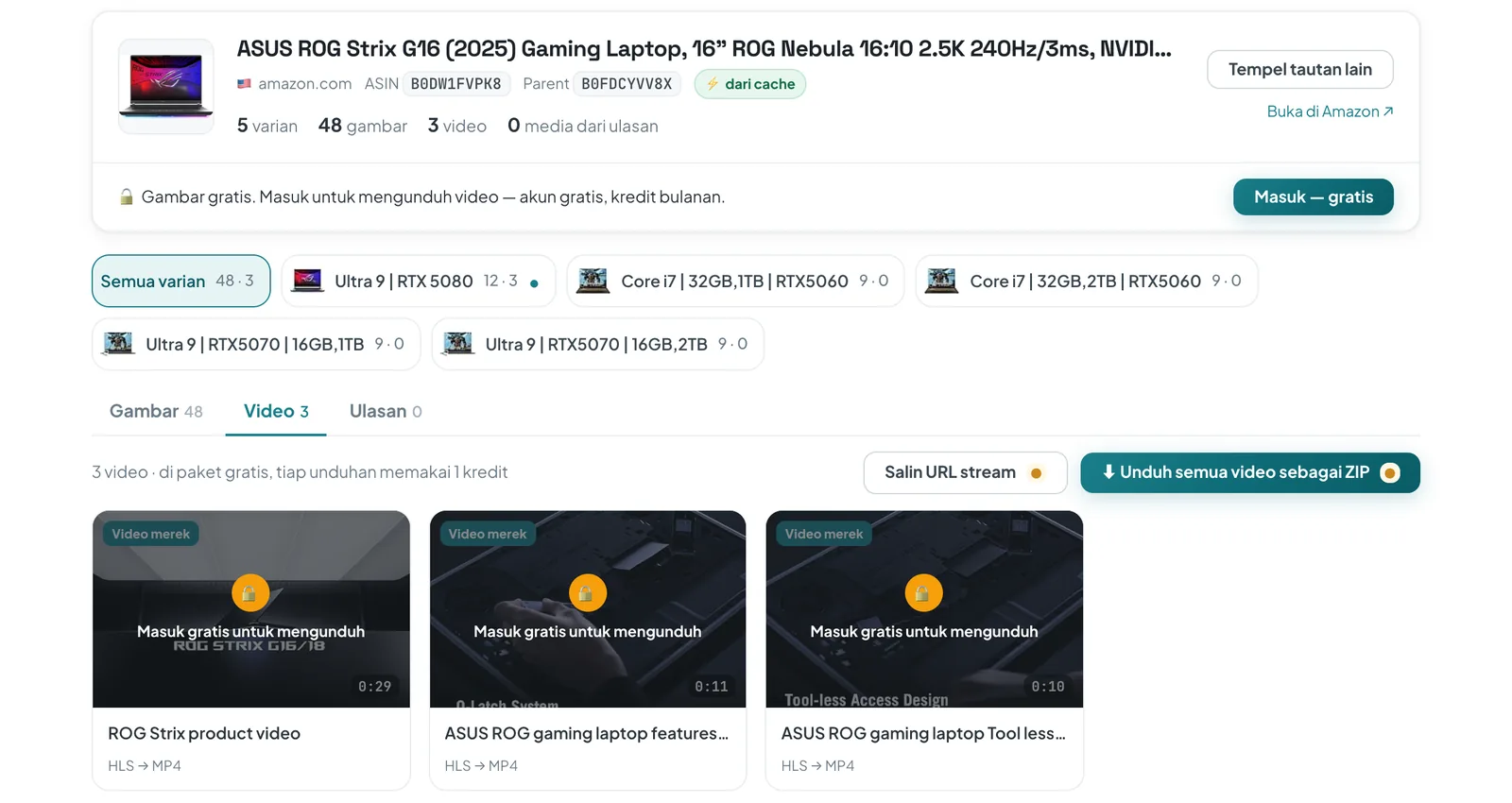 Pengunduh online ASINCrate menampilkan halaman produk laptop di Amazon: 5 varian, 48 gambar, 3 video merek bertanda HLS ke MP4, dan tombol Unduh semua video sebagai ZIP