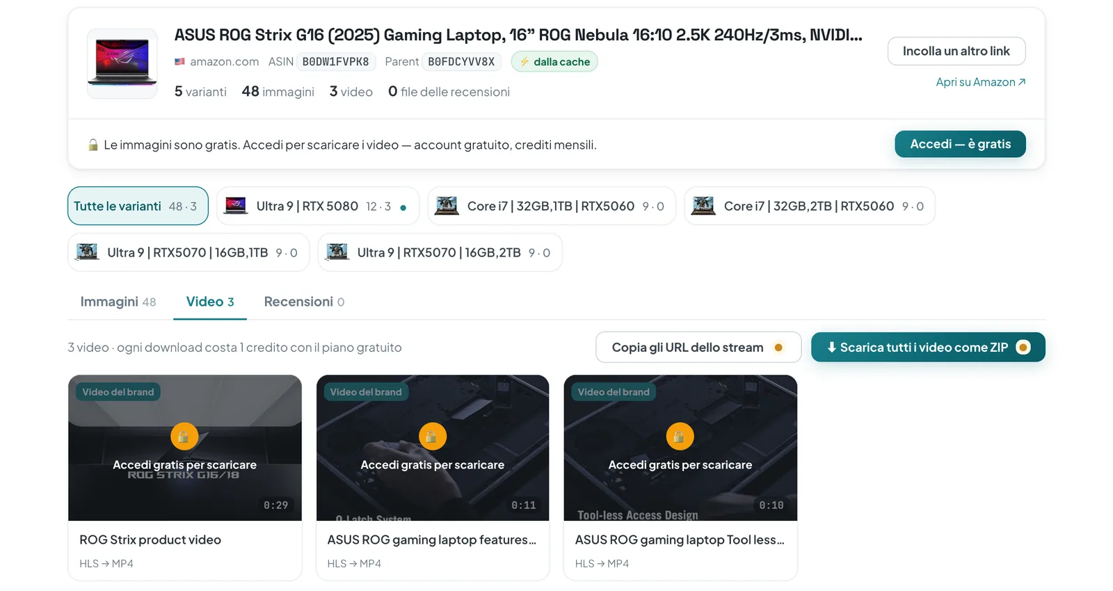 Il downloader online di ASINCrate su una scheda prodotto Amazon di un portatile: 5 varianti, 48 immagini, 3 video del brand con l'etichetta HLS → MP4 e il pulsante «Scarica tutti i video come ZIP»