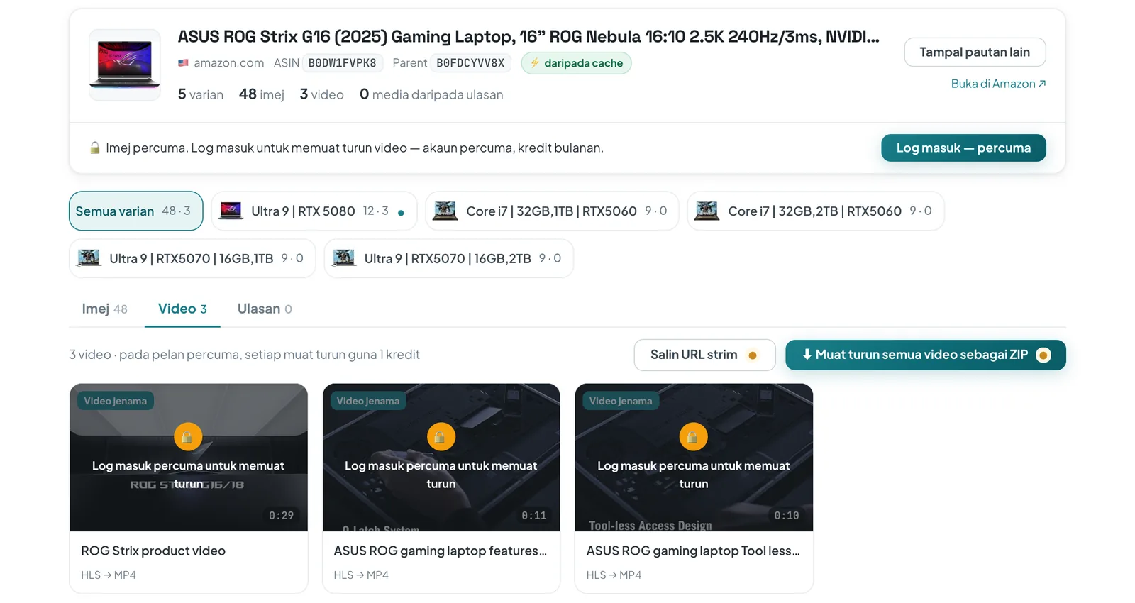 Pemuat turun dalam talian ASINCrate memaparkan halaman produk komputer riba di Amazon: 5 varian, 48 imej, 3 video jenama bertanda HLS → MP4, dan butang Muat turun semua video sebagai ZIP