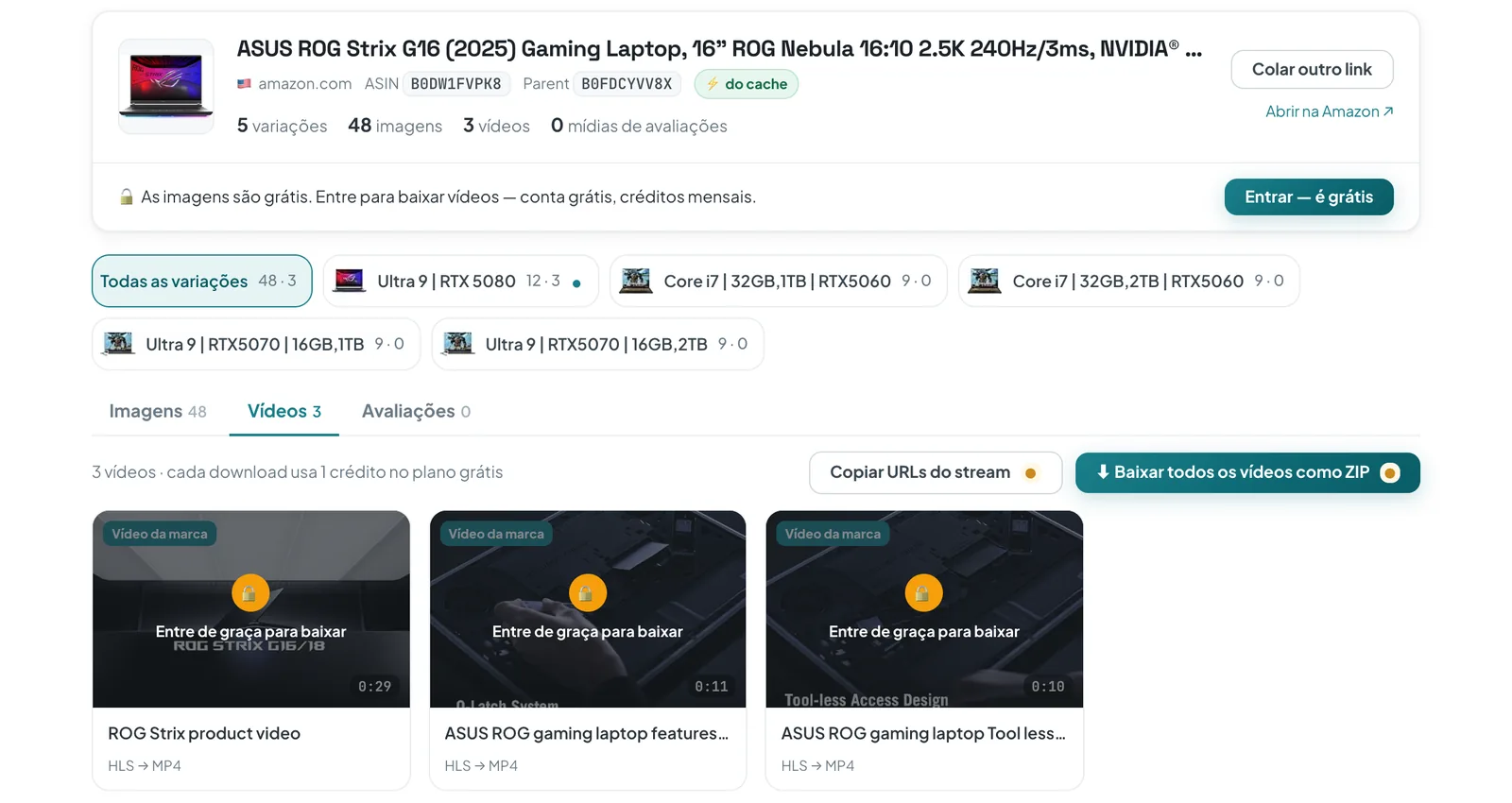 Baixador online do ASINCrate mostrando um anúncio de notebook na Amazon: 5 variações, 48 imagens, 3 vídeos da marca com a etiqueta HLS → MP4 e o botão Baixar todos os vídeos como ZIP