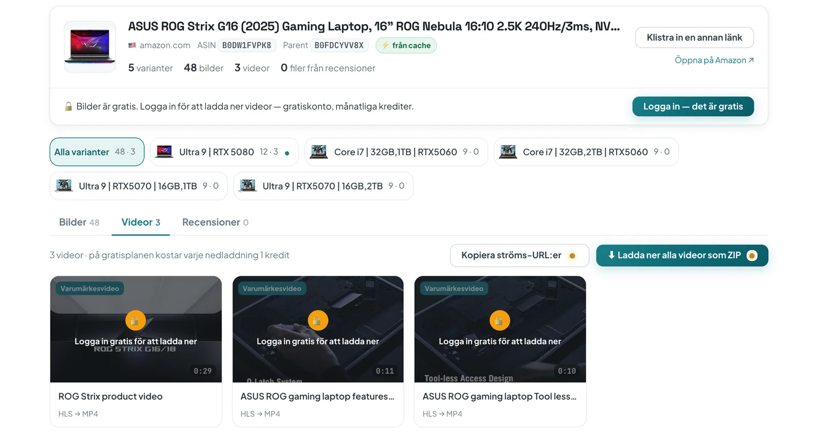 ASINCrates onlinenedladdare visar en bärbar dator på Amazon: 5 varianter, 48 bilder, 3 videor märkta ”Varumärkesvideo” och ”HLS → MP4”, låsta med ”Logga in gratis för att ladda ner”, och knappen ”Ladda ner alla videor som ZIP”