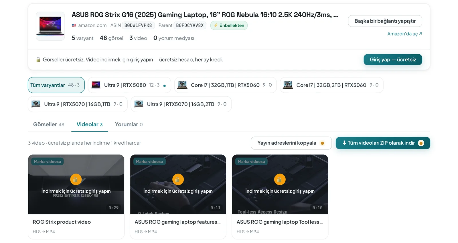 ASINCrate online indiricide bir Amazon dizüstü bilgisayar ürün sayfası: 5 varyant, 48 görsel, “HLS → MP4” etiketli 3 marka videosu ve “Tüm videoları ZIP olarak indir” düğmesi