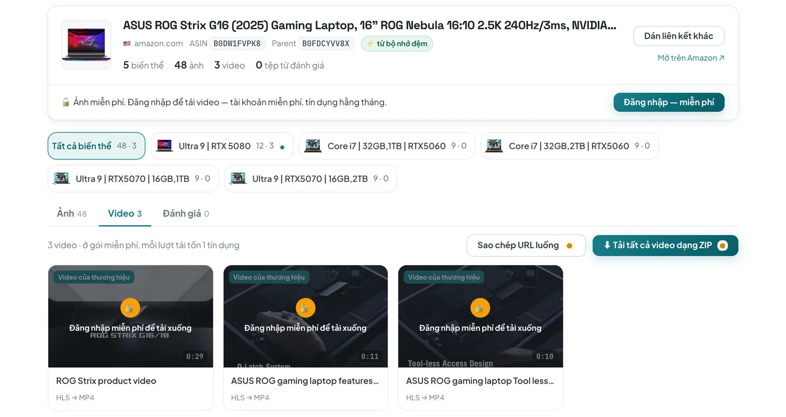 Trình tải online ASINCrate hiển thị một trang laptop trên Amazon: 5 biến thể, 48 ảnh, 3 video thương hiệu gắn nhãn HLS sang MP4 và nút Tải tất cả video dạng ZIP