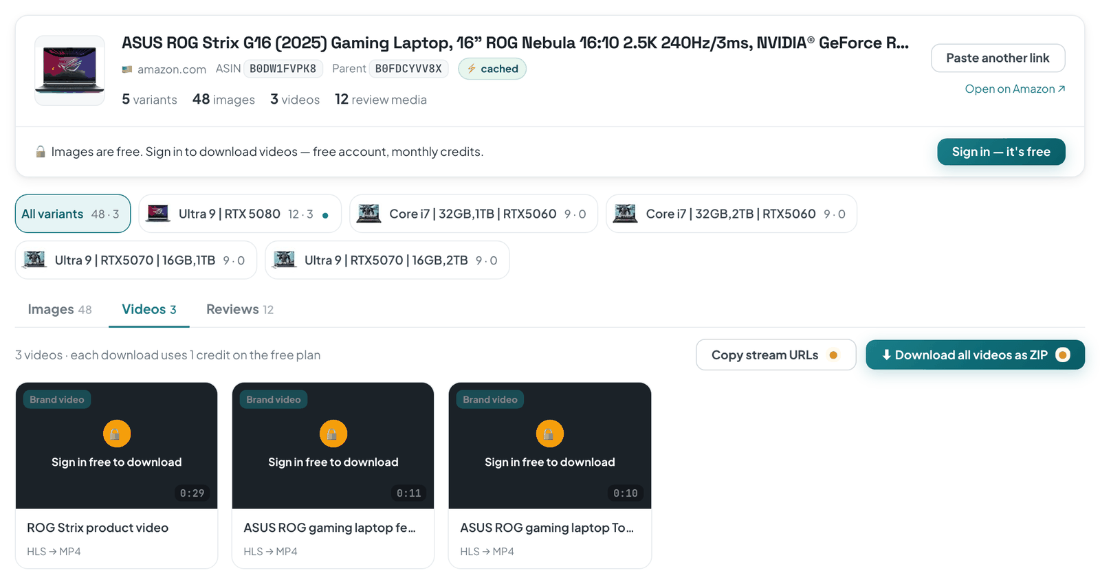 ASINCrate online downloader showing an Amazon laptop listing: 5 variants, 48 images, 3 brand videos marked HLS to MP4, and a Download all videos as ZIP button